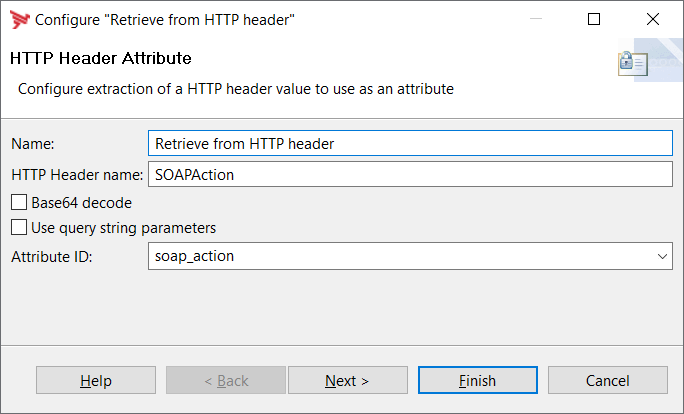 Image of Retrieve from HTTP Header filter with HTTP Header Name = SOAPAction and Attribute ID = soap_action